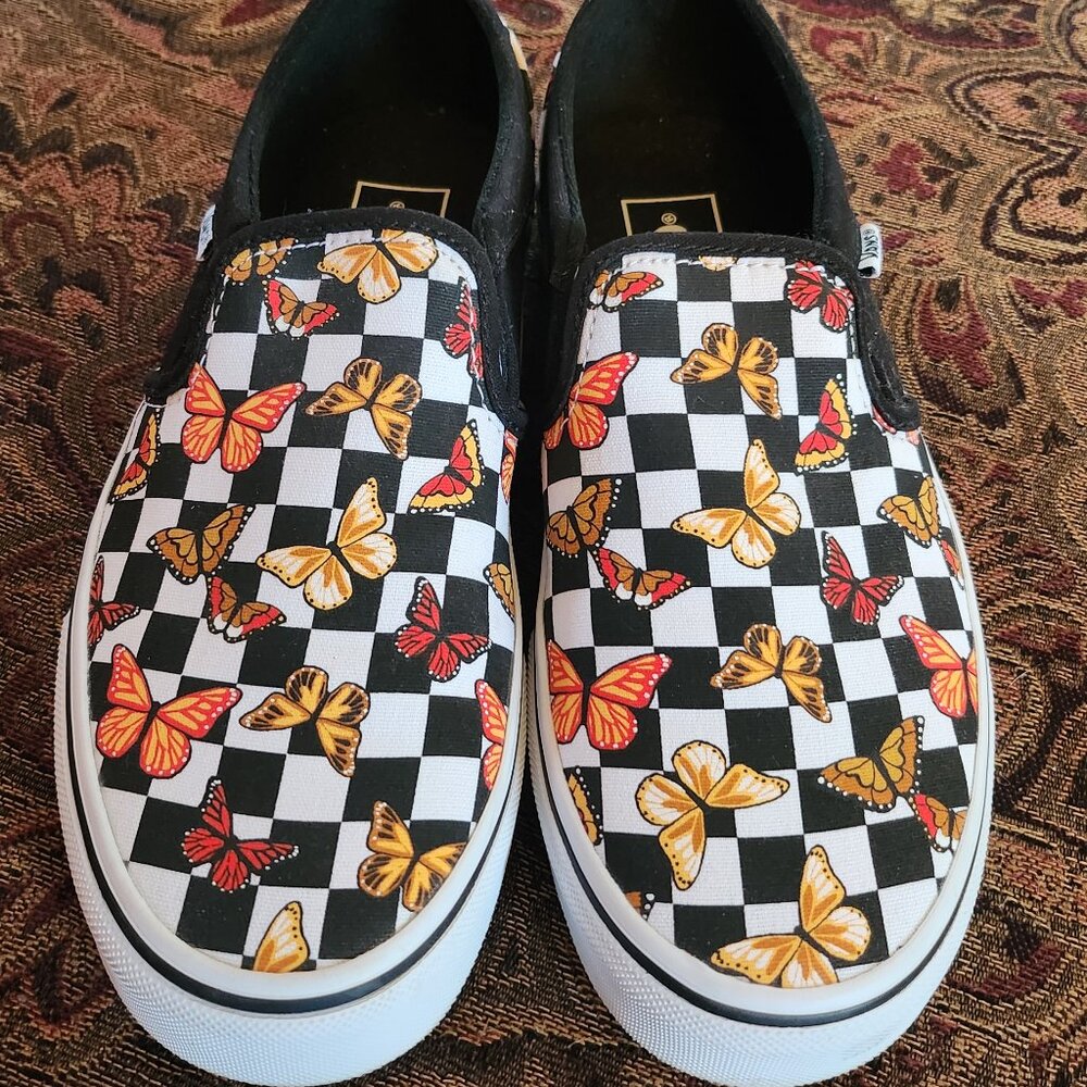 NEW Womens VANS Asher Butterfly Checkerboard Slip-On Sneakers
